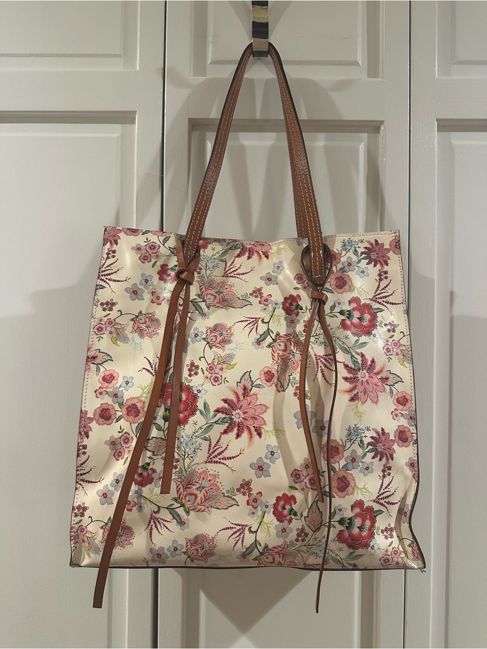 JOHNNY WAS Floral Cream Tote Bag with Brown Leather Handles